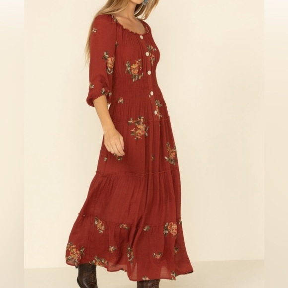 Anthropologie Fig and Flower Embroidered floral Smocked Tiered Ruffle Dress L - Picture 7 of 8